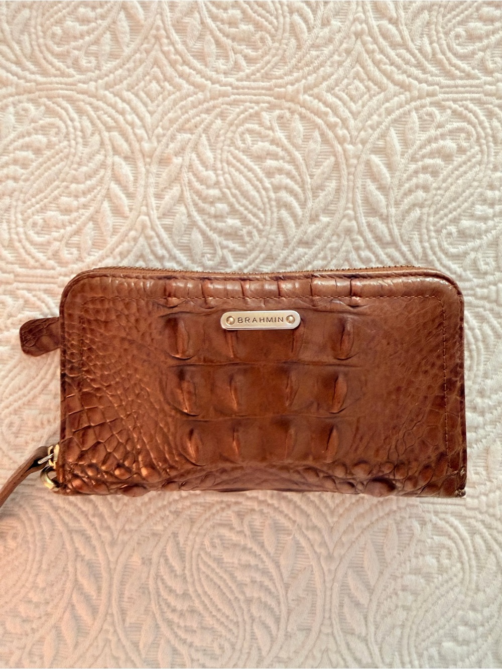 Brahmin Cognac Croc-Embossed Zip Around Wallet